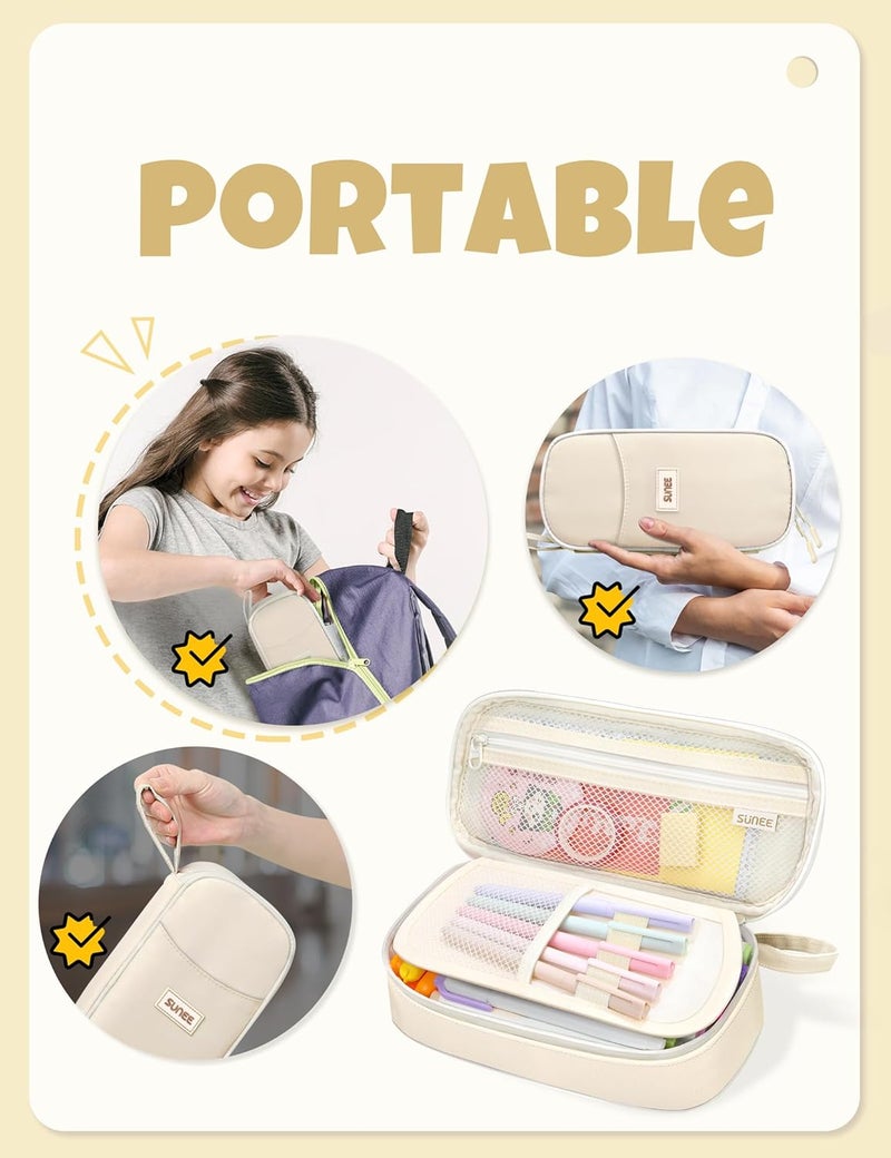 SUNEE Cute Pencil Case, Aesthetic Pen Pouch, Colored Large Pencil Bag with Zipper, Kawaii Stationery Storage and Organizer, School Supplies for Teen and Adult Girls, Beige - Image 5